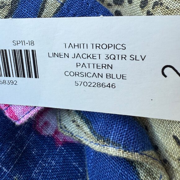 Chicos Tahiti Tropics Linen Jacket 3/4 Sleeve Size 2/L Corsican Blue Floral Prin - Picture 5 of 7